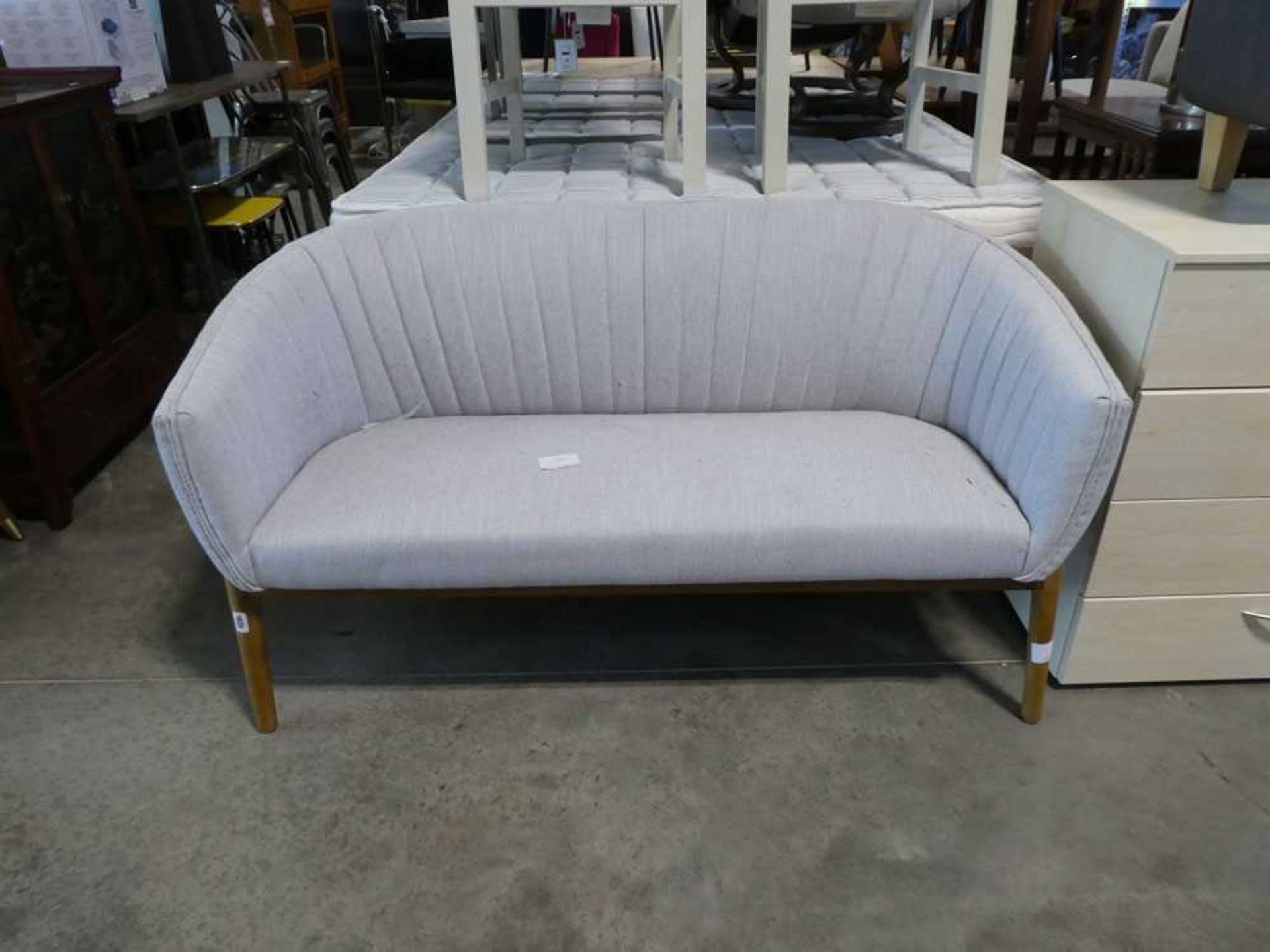 Modern 2 seater light grey upholstered sofa on wooden frame