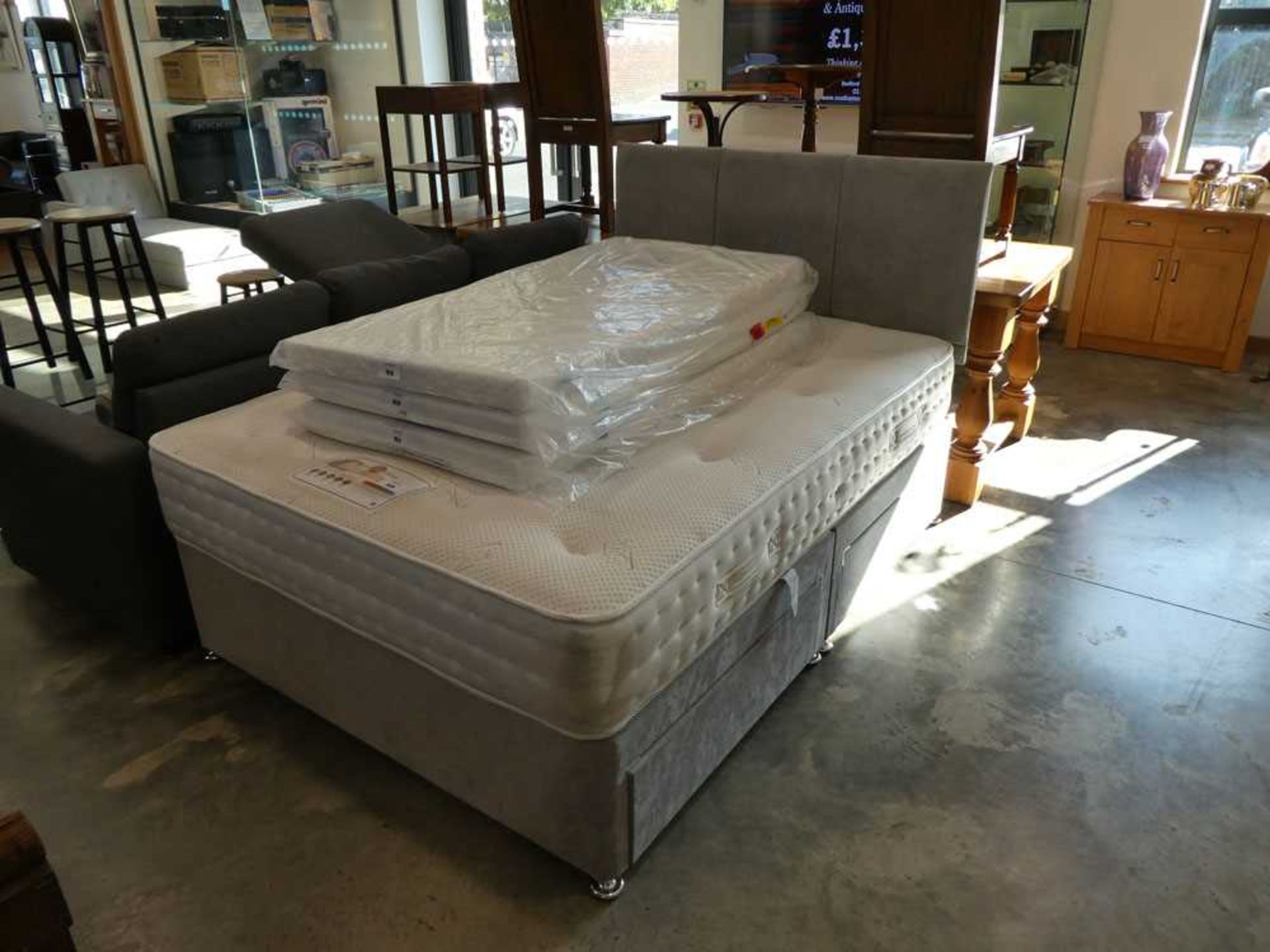 +VAT Light grey upholstered double divan bed with 2 storage drawers, Deep Sleep Silk 1000 mattress