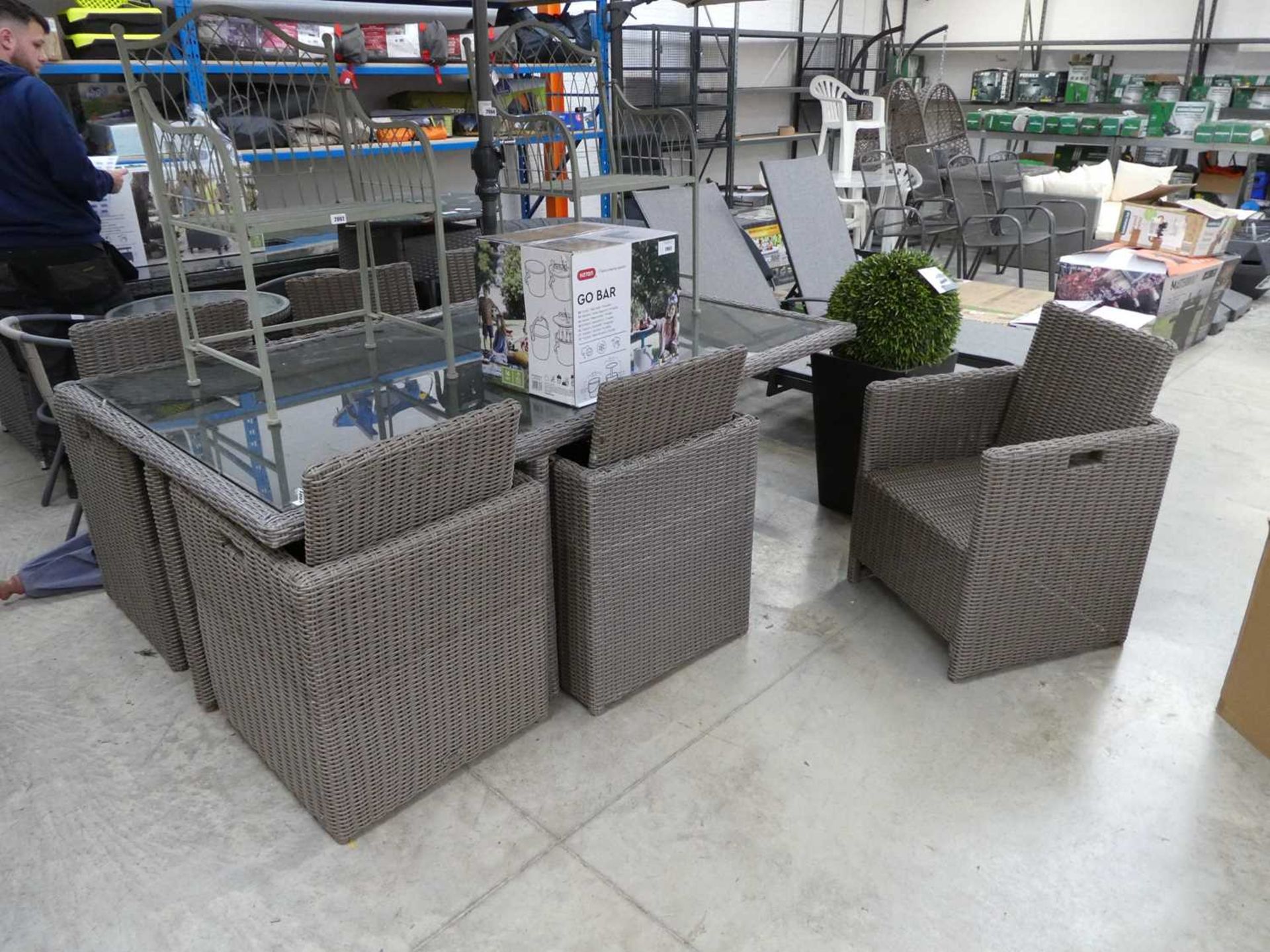 Brown rattan 6 seater garden table with 6 armchairs