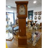 Pine cased long case clock with printed Rutherford Ledburgh face with Junghans quartz movement