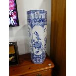 White and blue ceramic hexagonal umbrella stand