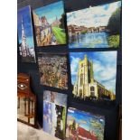 Collection of 9 canvas artworks, mixture of original paintings and prints depicting some local