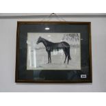 Gilt framed and glazed greyscale painting of horse by M Thorpe, 1979