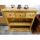 Modern light oak open front bookcase with 3 upper drawers