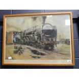 Large framed and glazed print, Britannia class locomotive 70013 Oliver Cromwell at Bressingham