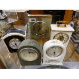 5 various clocks incl. brass and onyx cased Luxuria clock with quartz movement, 2 floral patterned