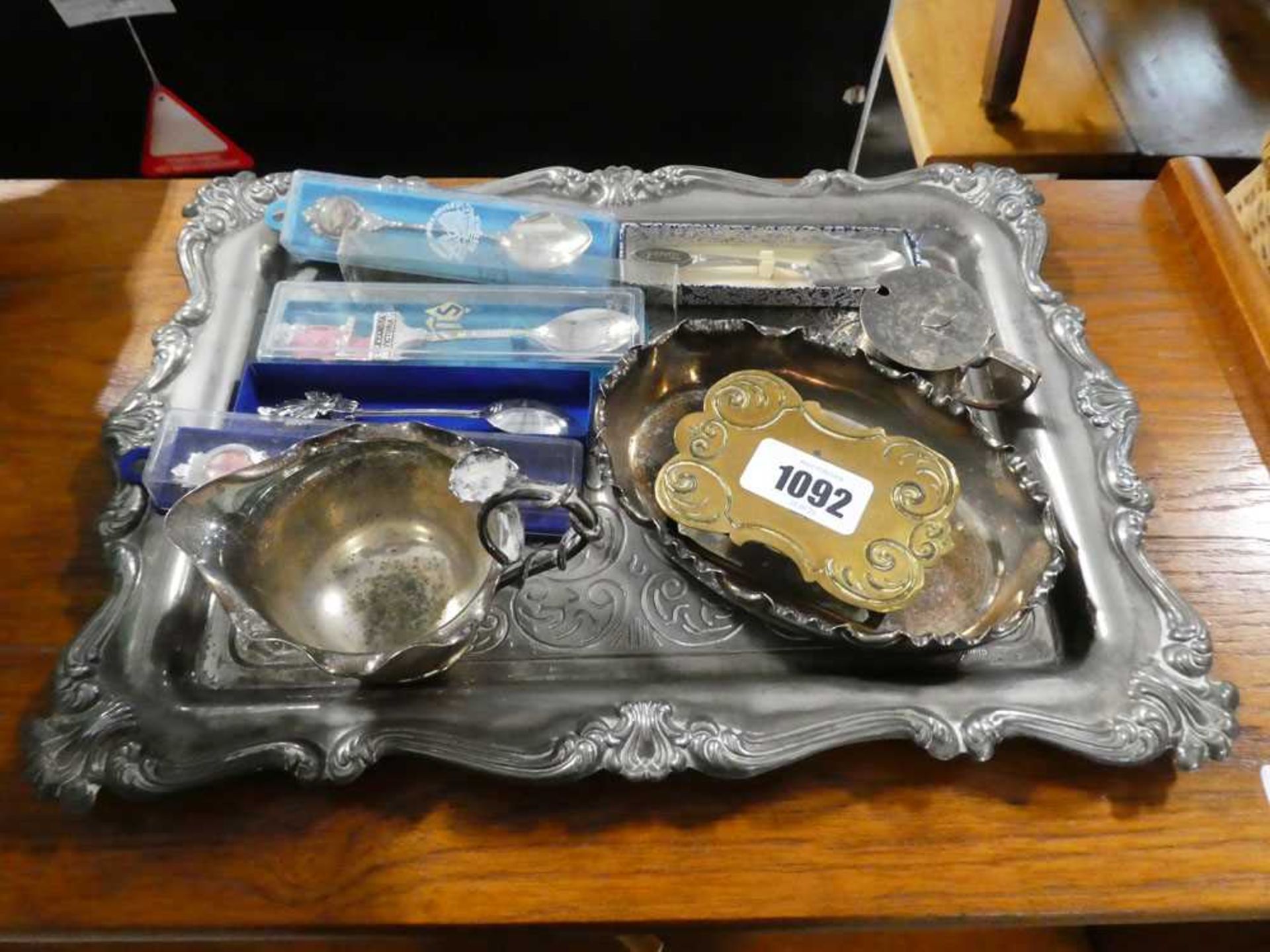 Collection of silver plate incl. platter, jug, spoons, etc. with Buycraft set of wooden pub locks