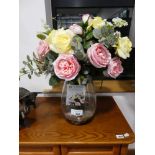 +VAT Bunch of artificial roses in glass vase