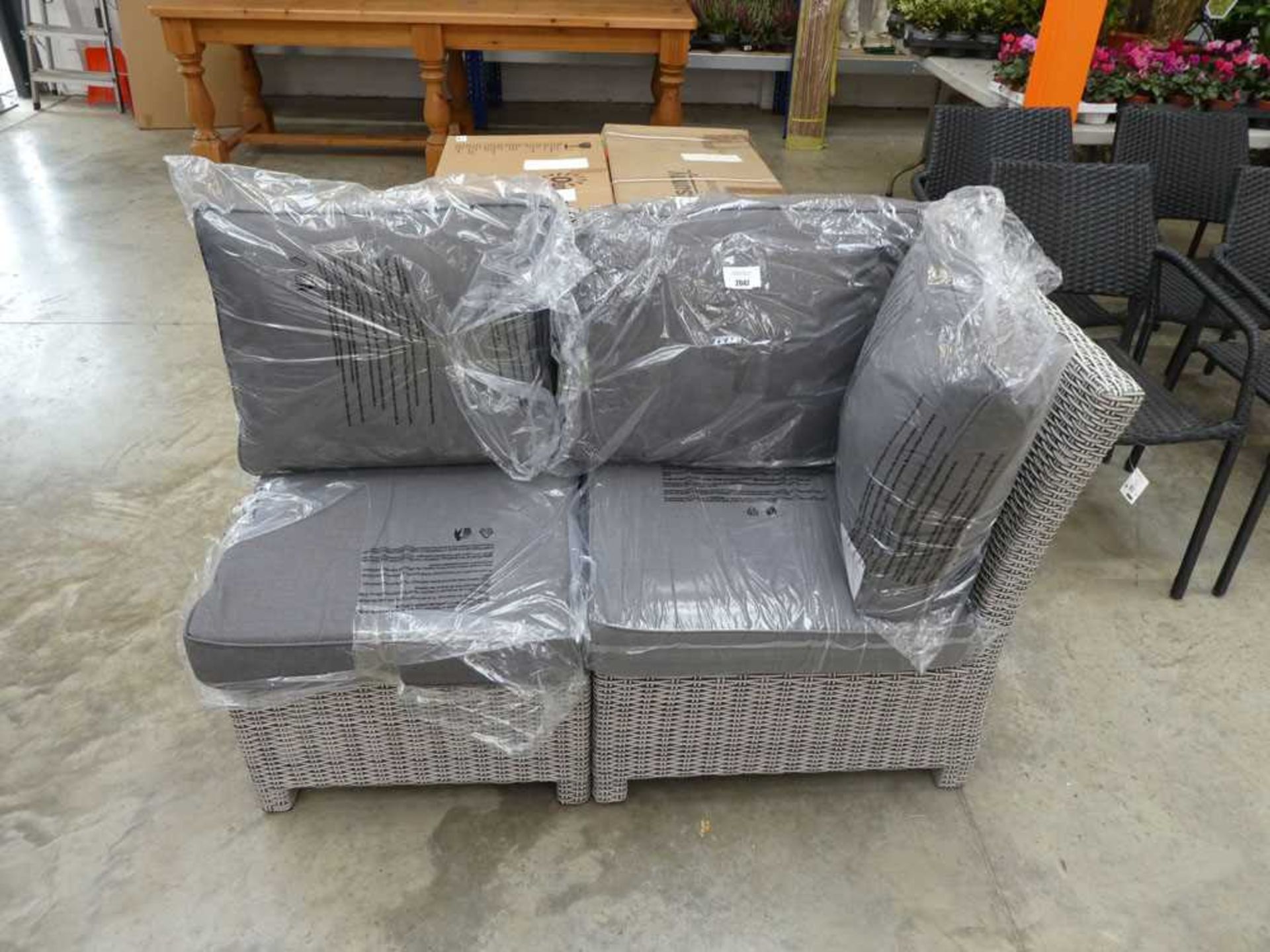 +VAT Grey rattan 2 seater sofa with dark grey cushions