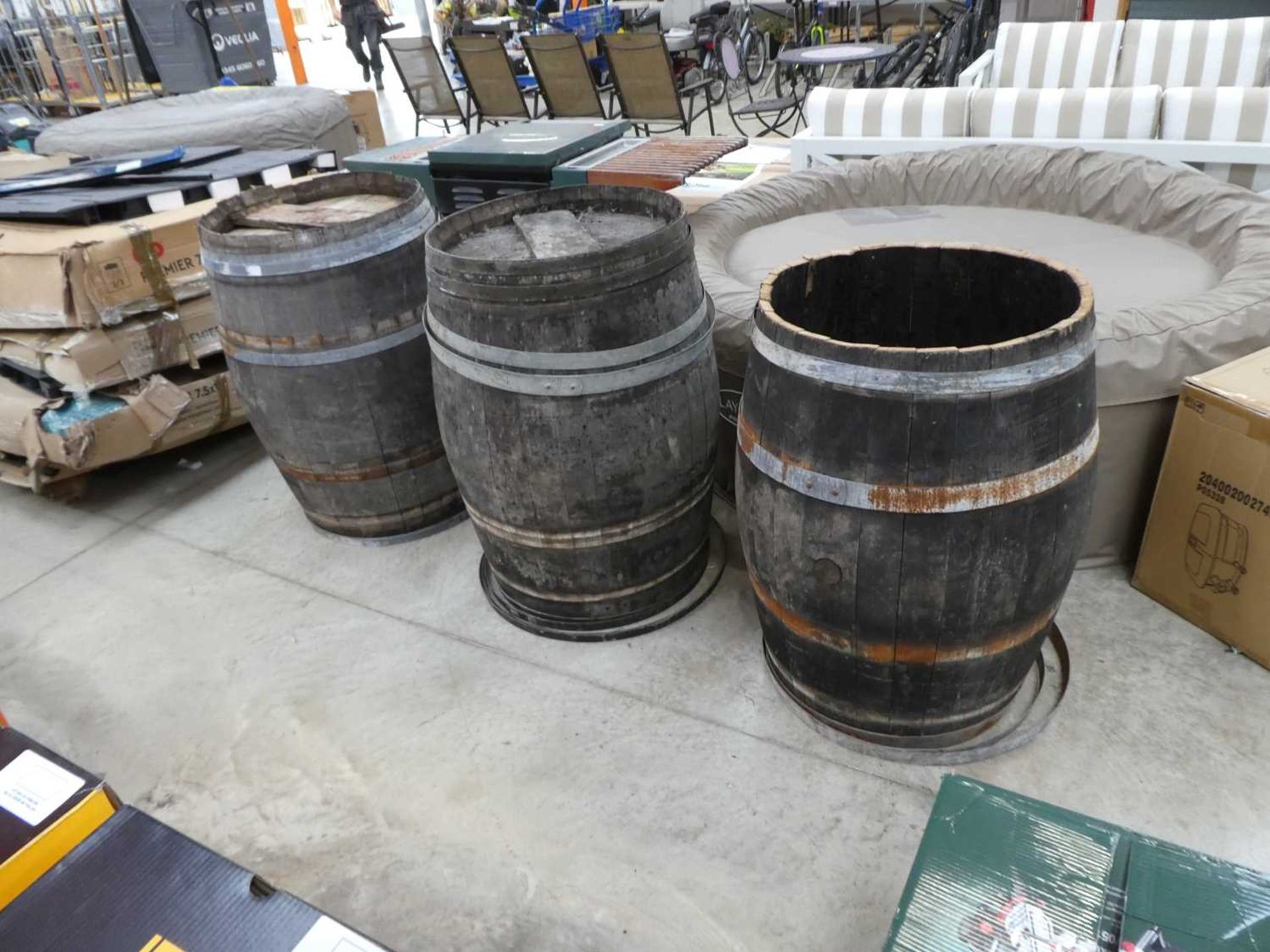 3 oak metal cooper banded whiskey barrels