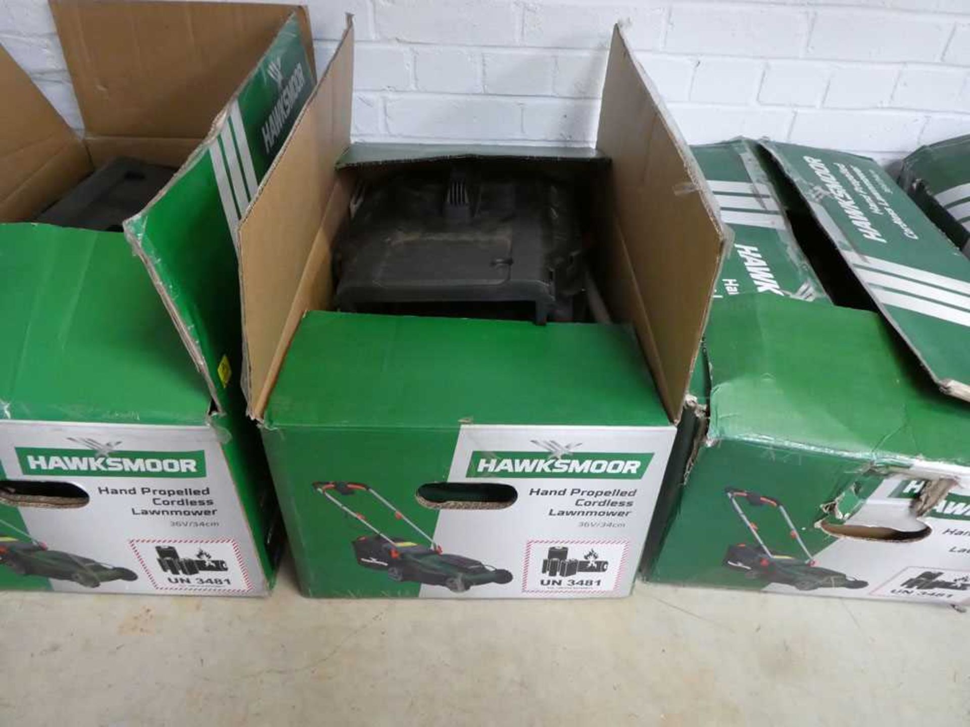 Boxed Hawksmoor hand propelled cordless lawnmower (no battery or charger)