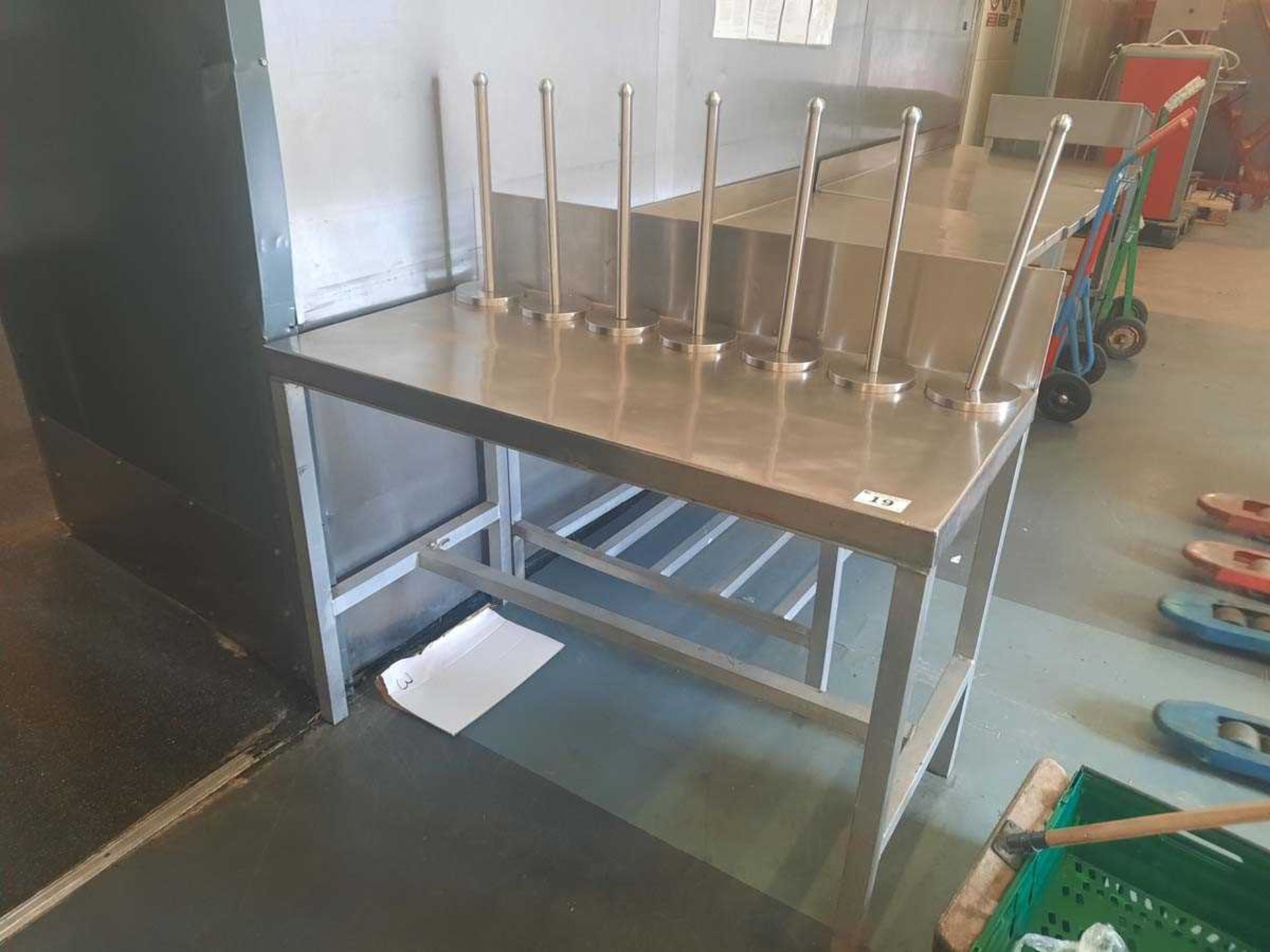 +VAT 1.2m x 60cm stainless steel preparation table with seven fixed paper roll dispensers