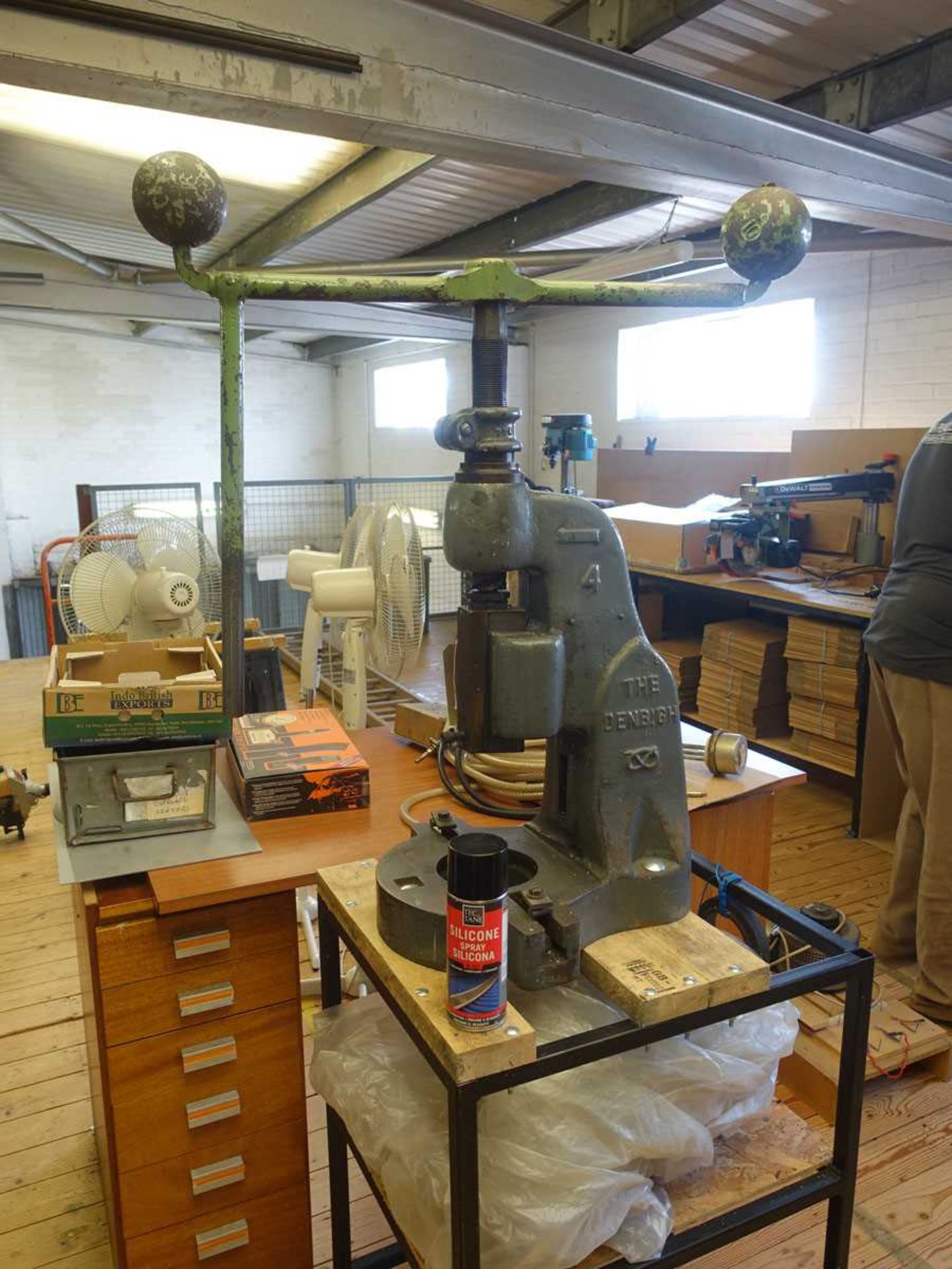 +VAT Denbigh number 4 flypress and stand with angle iron cutter and two cast balls (On mezzanine) - Image 4 of 4