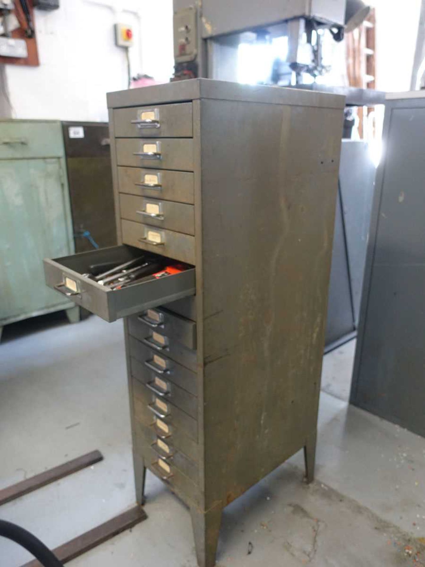 +VAT Bisley 15 drawer filing cabinet and contents including tools etc.