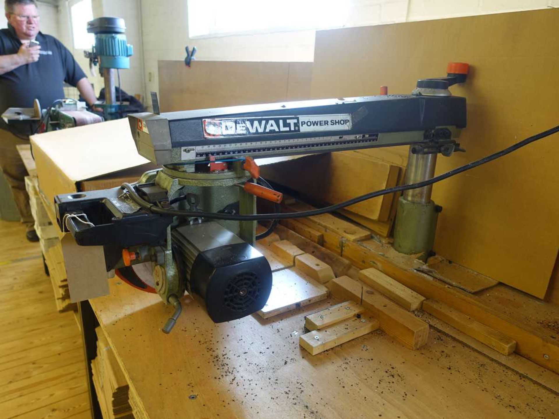 +VAT DeWalt Powershop DW1251 radial arm wood cut off saw, mounted on bench. Single phase Year: - Image 2 of 3