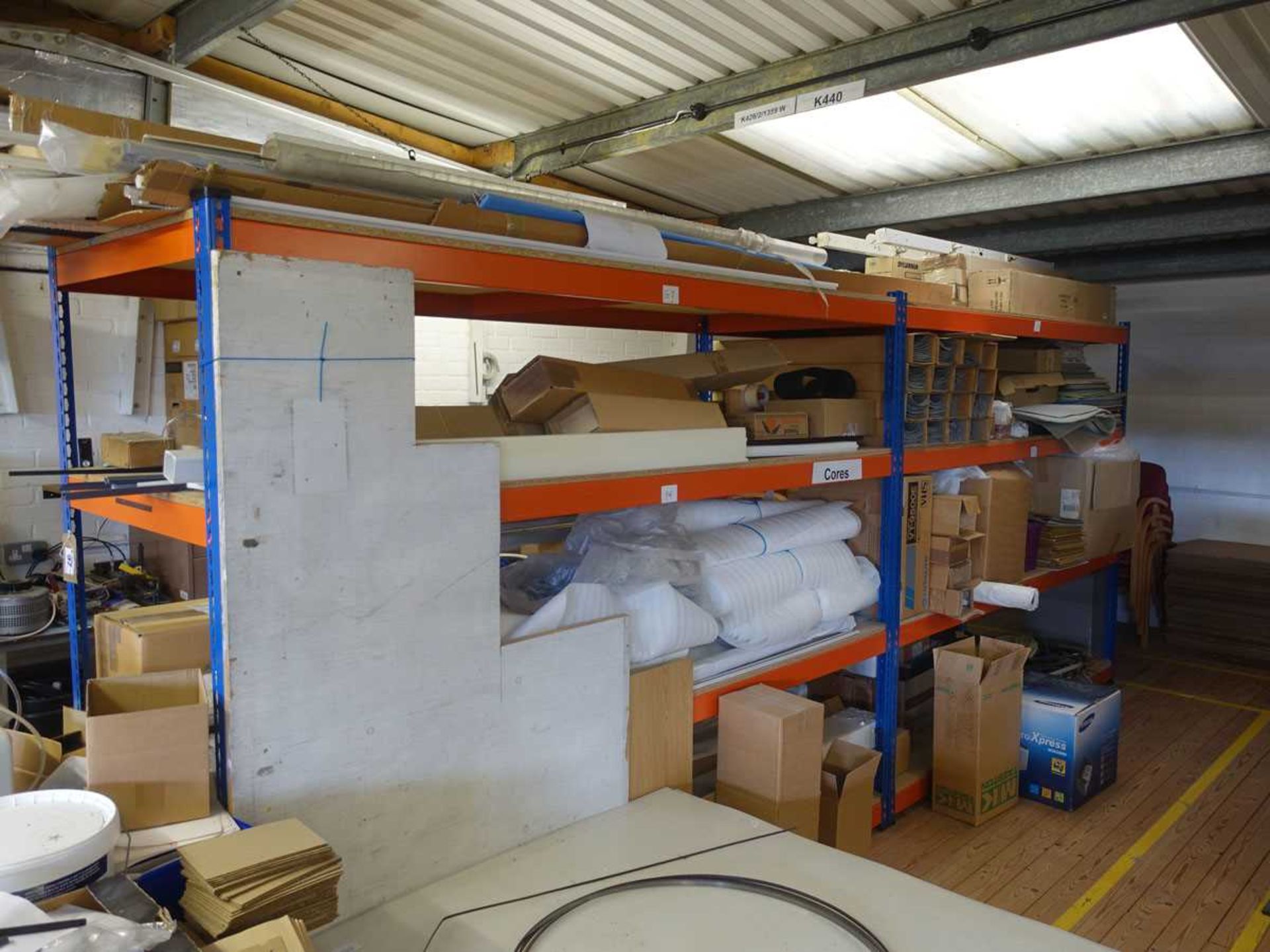 +VAT Two bays of orange and blue shelf racking (not for collection until last day)(On mezzanine)