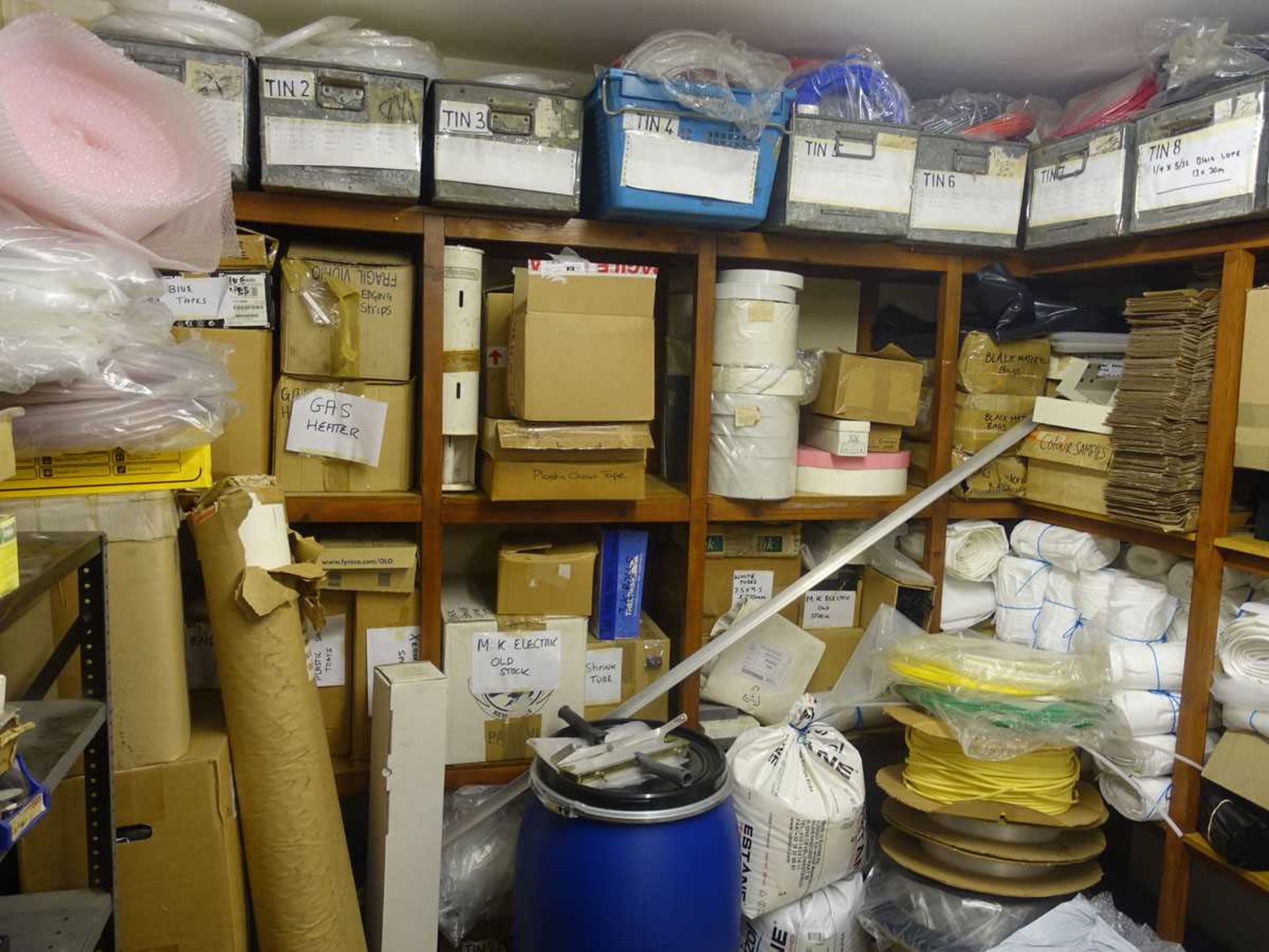 +VAT Stock of assorted plastic pipe, packaging material and sundries (on the wooden shelfing, on the - Image 2 of 8