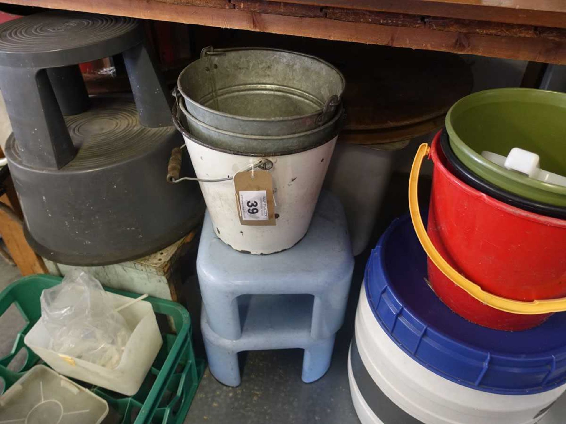 +VAT Under bay of various buckets, plastic trolley containers, stools, kick step etc. - Image 2 of 2