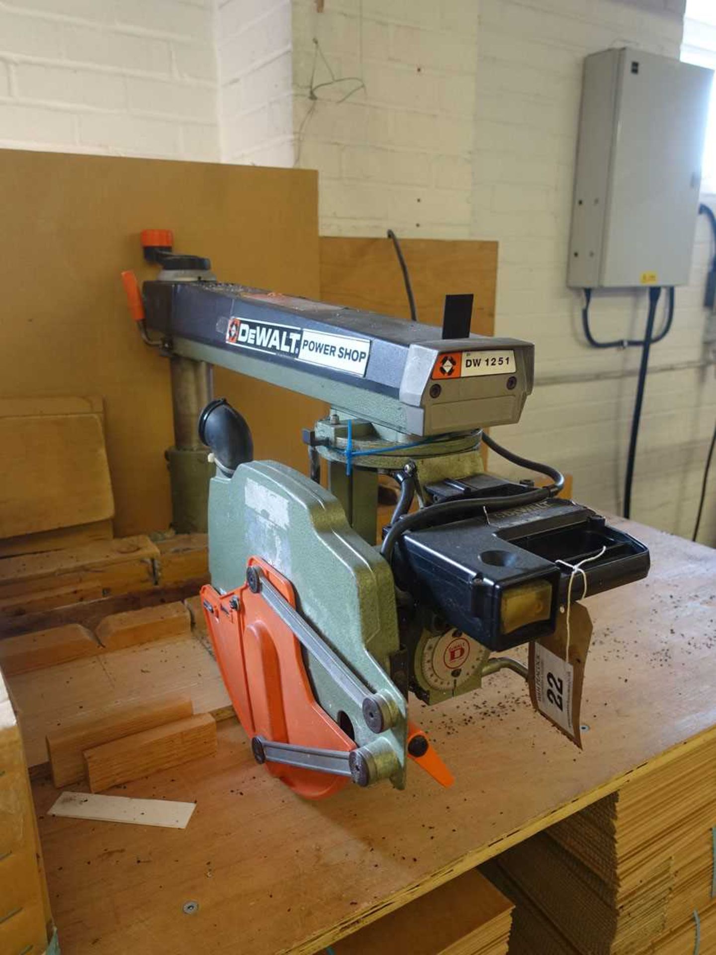 +VAT DeWalt Powershop DW1251 radial arm wood cut off saw, mounted on bench. Single phase Year: