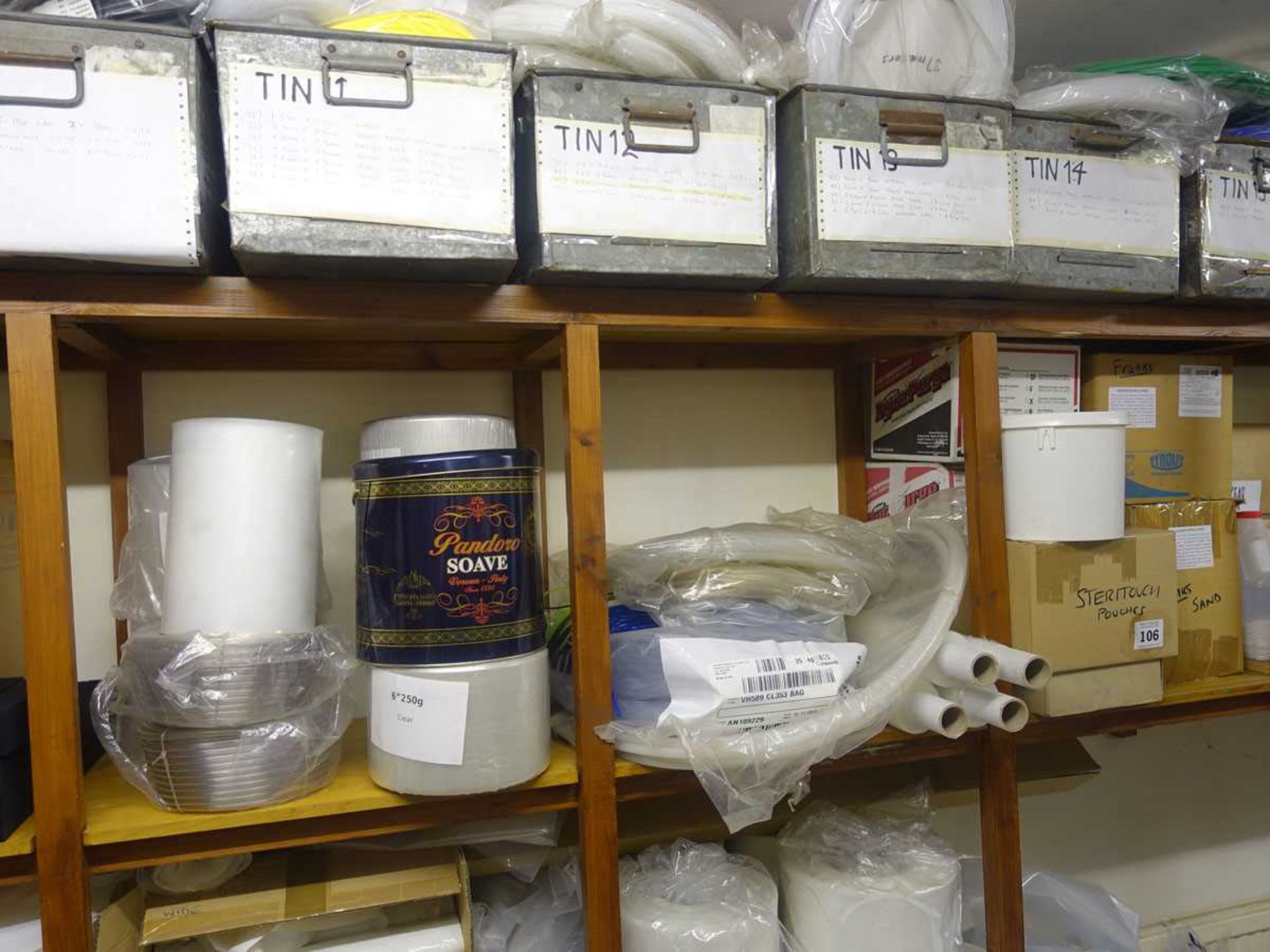 +VAT Stock of assorted plastic pipe, packaging material and sundries (on the wooden shelfing, on the - Image 4 of 8