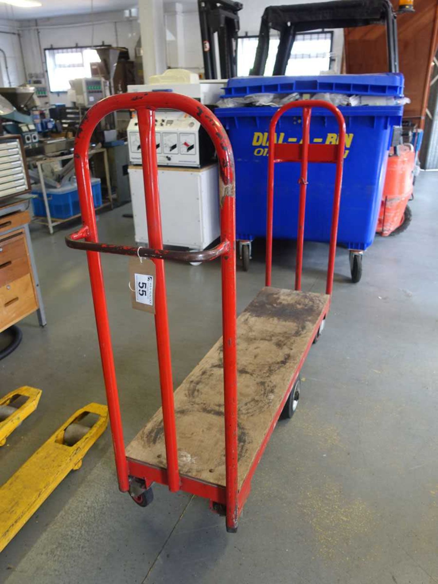 +VAT Narrow double ended platform trolley, with a small shopping trolley and double sided trolley