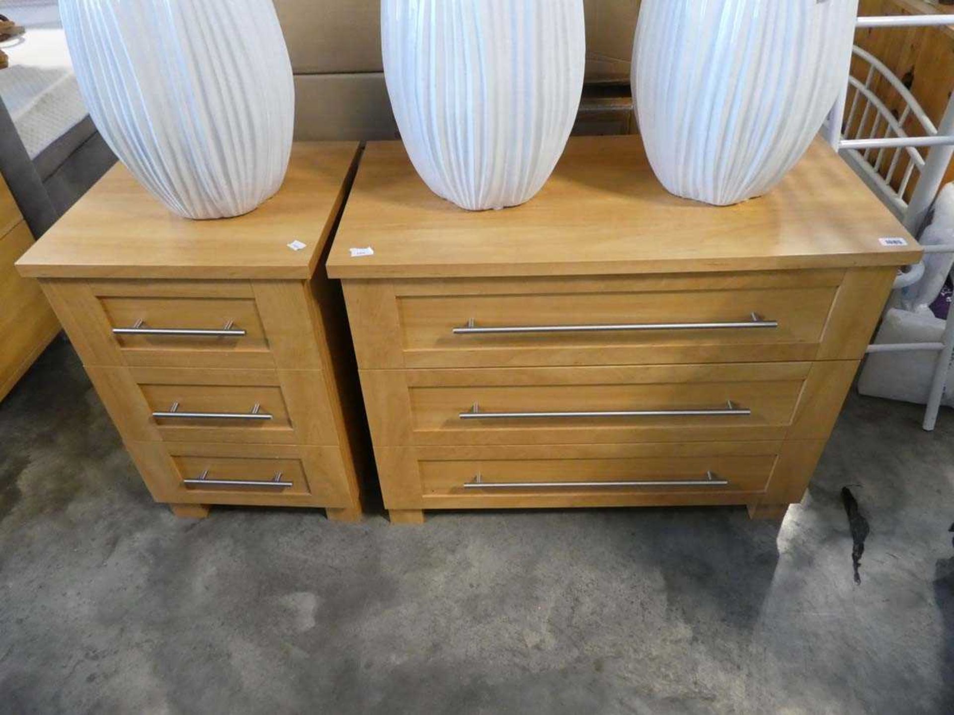 Modern maple effect bedroom suite comprising 3 drawer chest with chrome handles and matching 3
