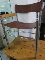 Mid Century Design / Bauhaus inspired Tubular Chrome and wooden framed chair with slung brown