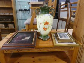 Floral decorated vase with quantity of small framed prints, including Rembrandts