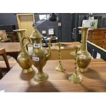 5 pieces of brassware including pourer, 2 vases and pair of candlesticks