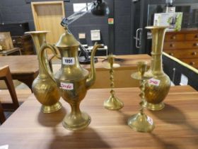 5 pieces of brassware including pourer, 2 vases and pair of candlesticks