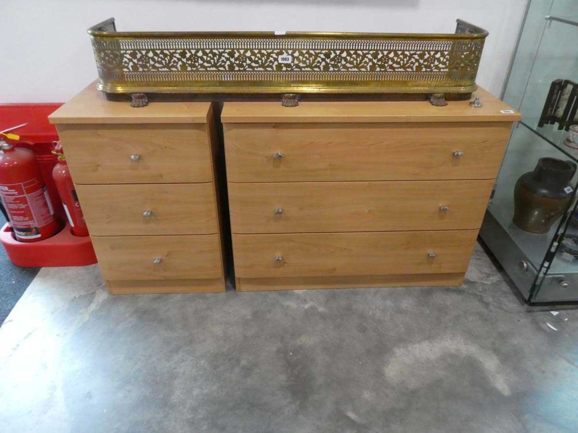 Modern maple effect bedroom suite comprising chest of 3 drawers and matching 3 drawer bedside