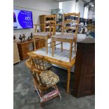 Modern pine tile topped kitchen table and 2 pairs of various chairs