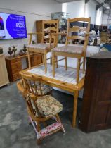 Modern pine tile topped kitchen table and 2 pairs of various chairs