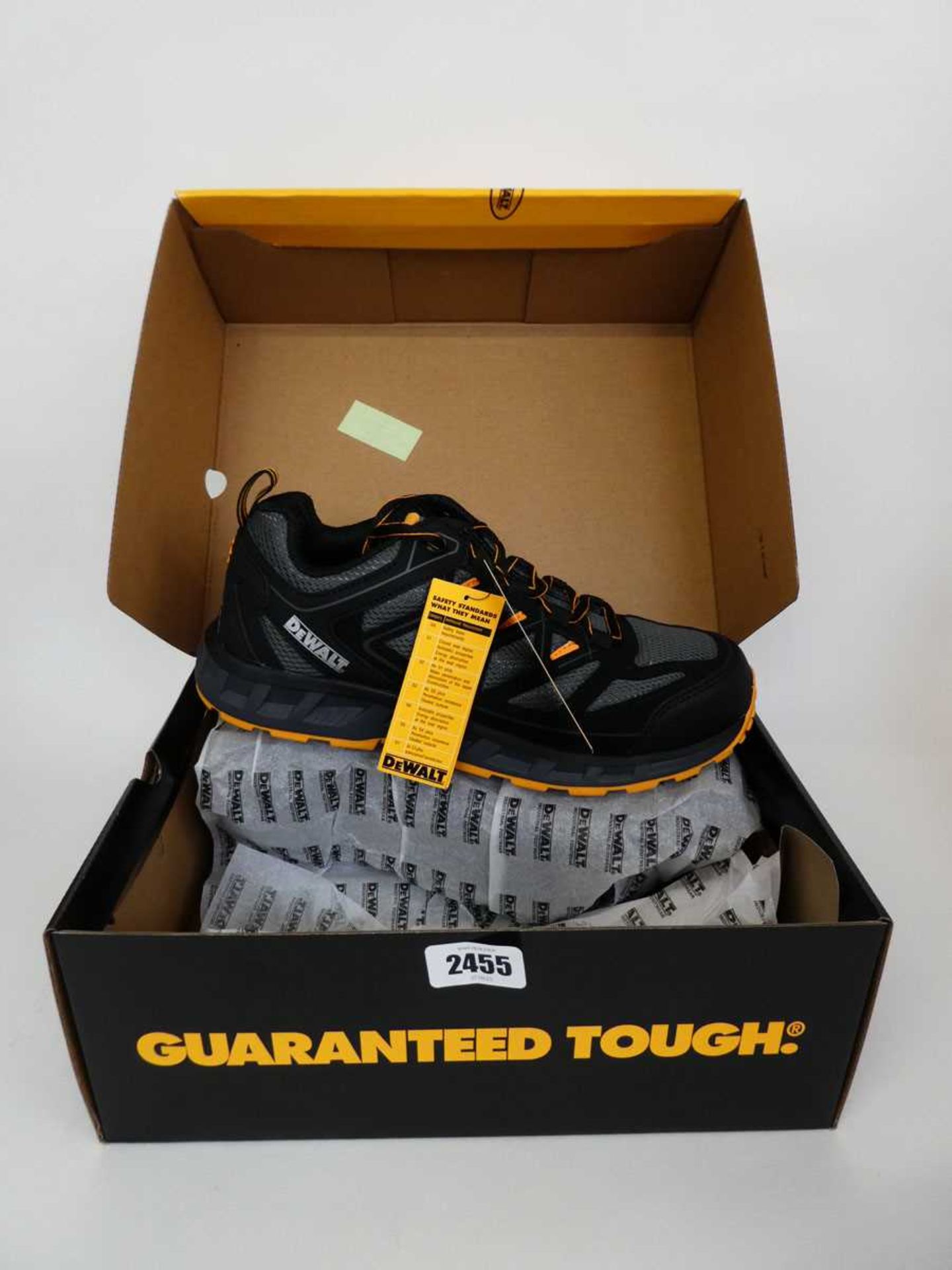 Boxed pair of DeWalt steel toe safety trainers (size 9)