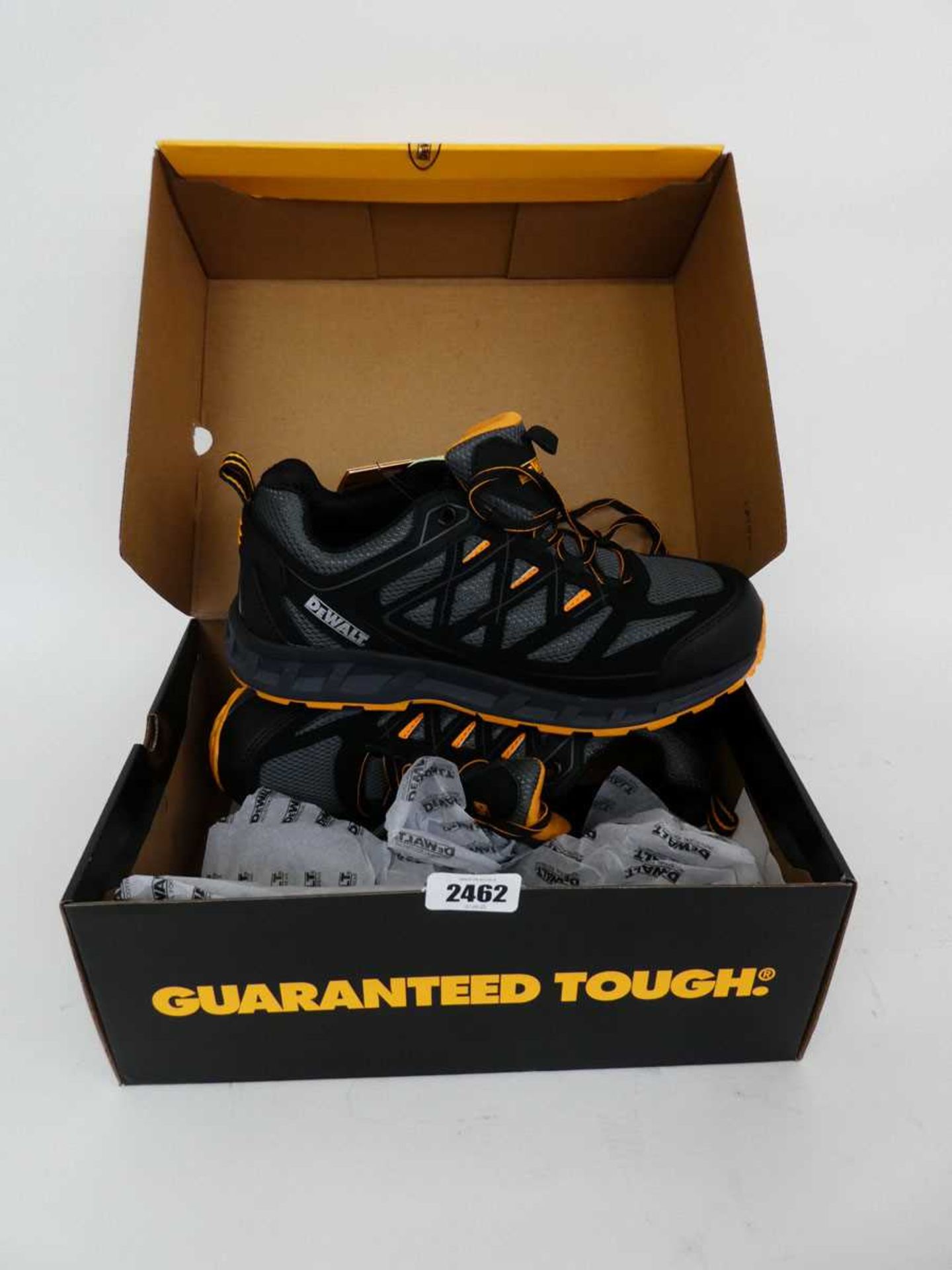 Boxed pair of DeWalt steel toe safety trainers (size 9)