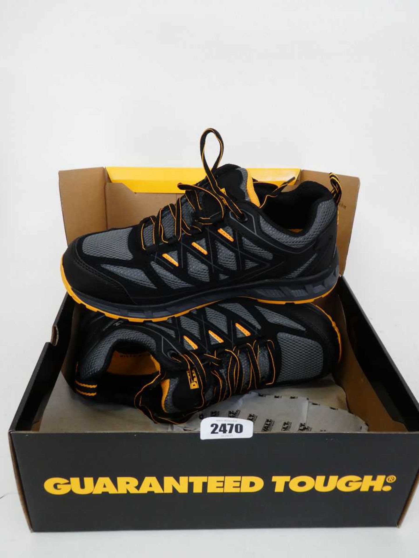 Boxed pair of DeWalt steel toe safety trainers (size 8)