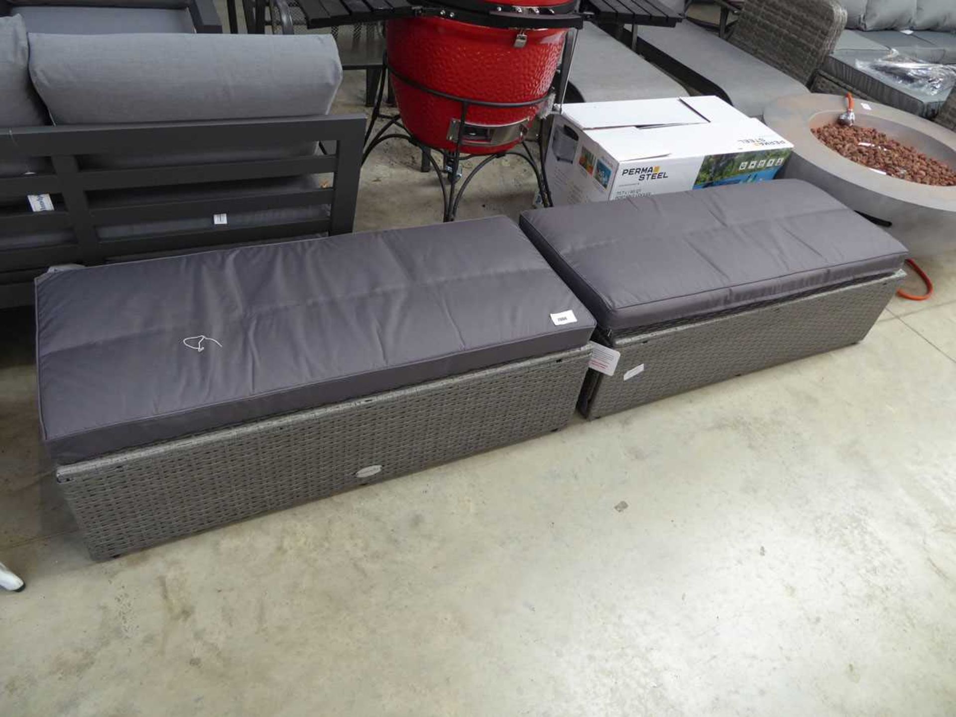 +VAT Pair of grey rattan 2 seater benches with matching charcoal grey cushions