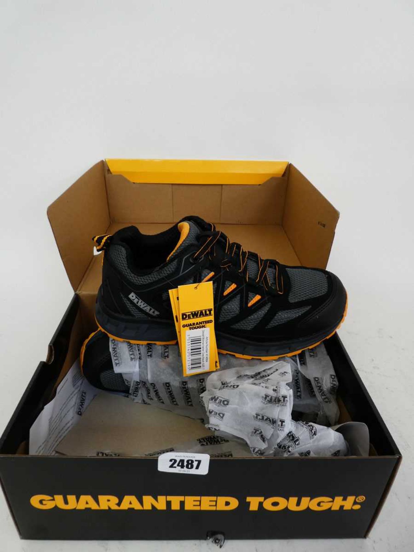 Boxed pair of DeWalt steel toe safety trainers (size 7)