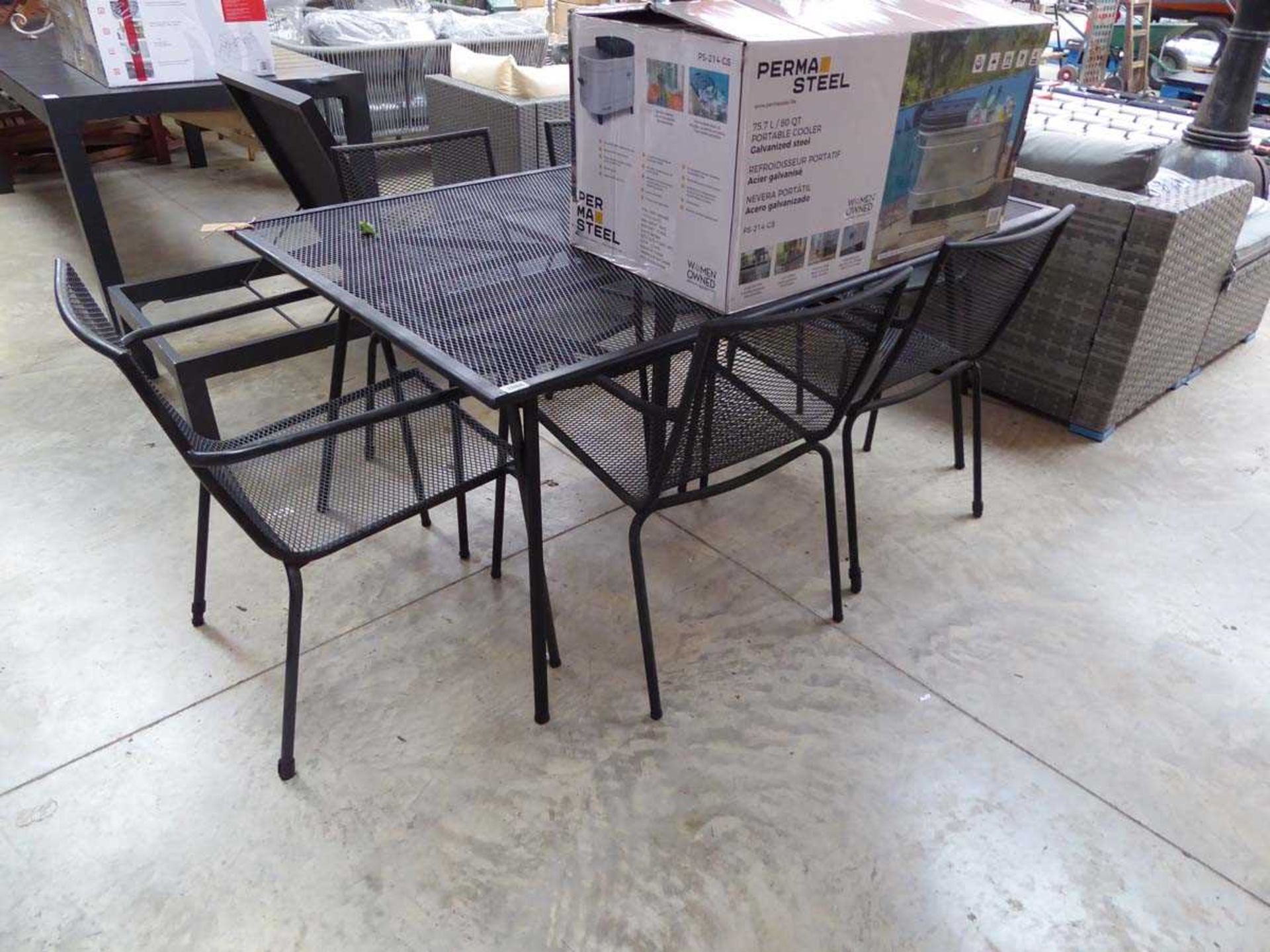 Black metal mesh rectangular garden table with 6 matching chairs