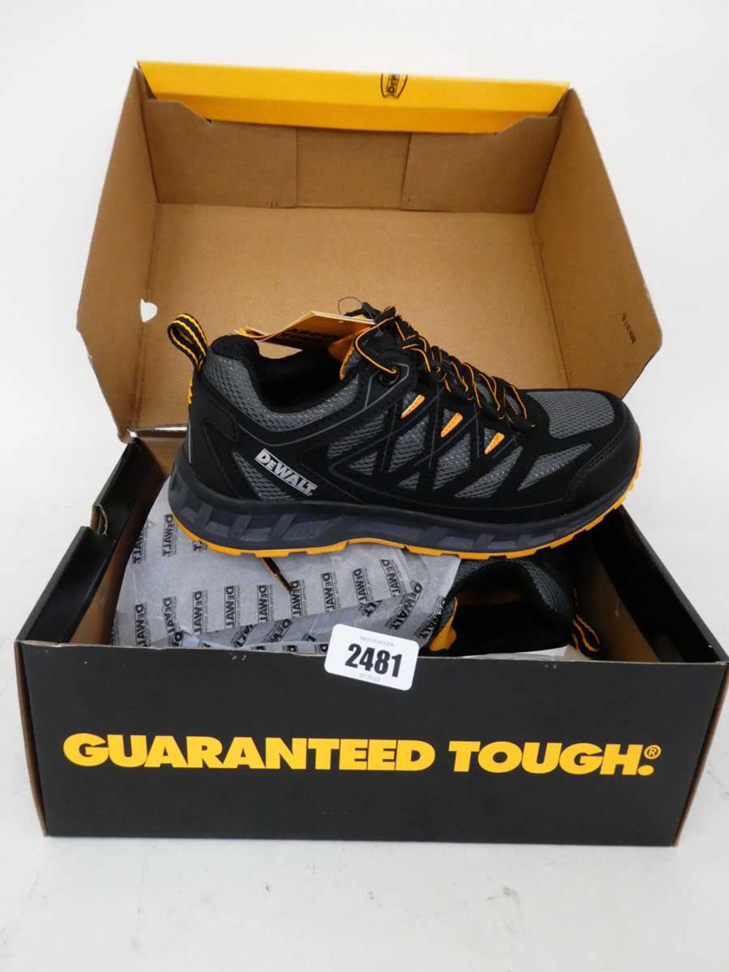 Boxed pair of DeWalt steel toe safety trainers (size 7)