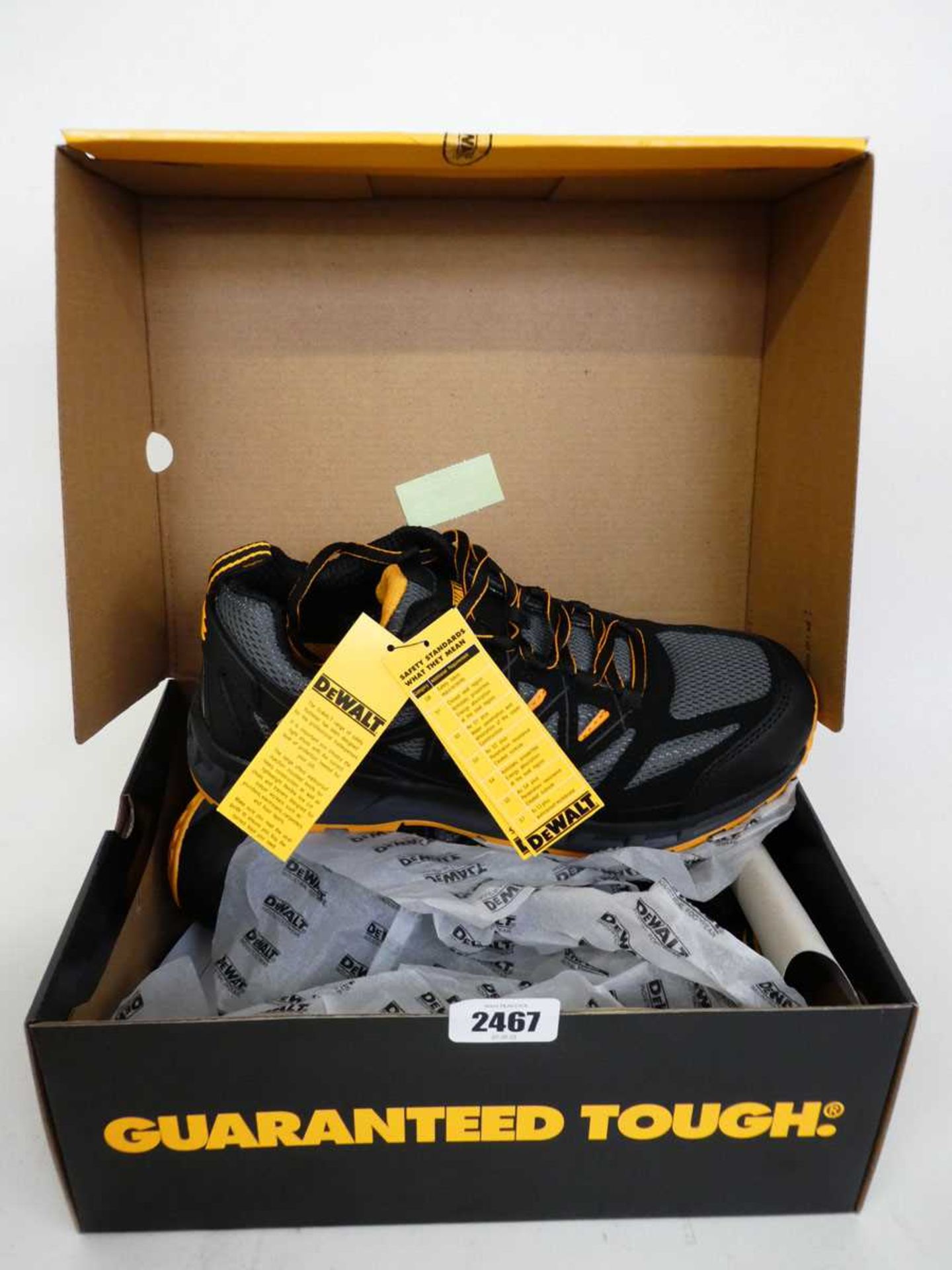 Boxed pair of DeWalt steel toe safety trainers (size 8)