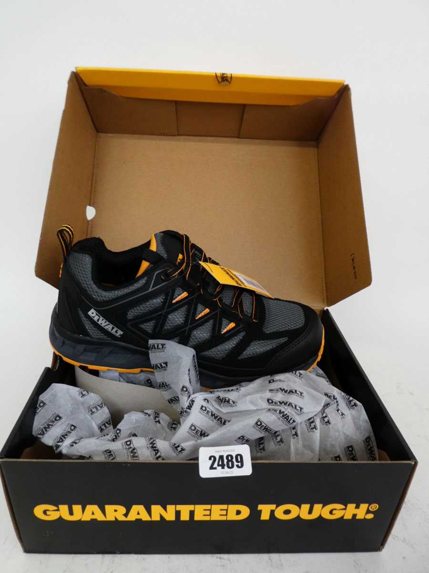 Boxed pair of DeWalt steel toe safety trainers (size 7)