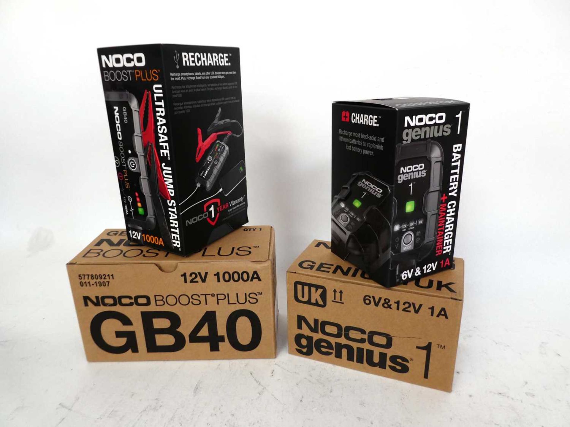 +VAT Boxed NOCO Boost Plus GB40 battery charger (12V, 1000A), together with a boxed NOCO genius 1 (