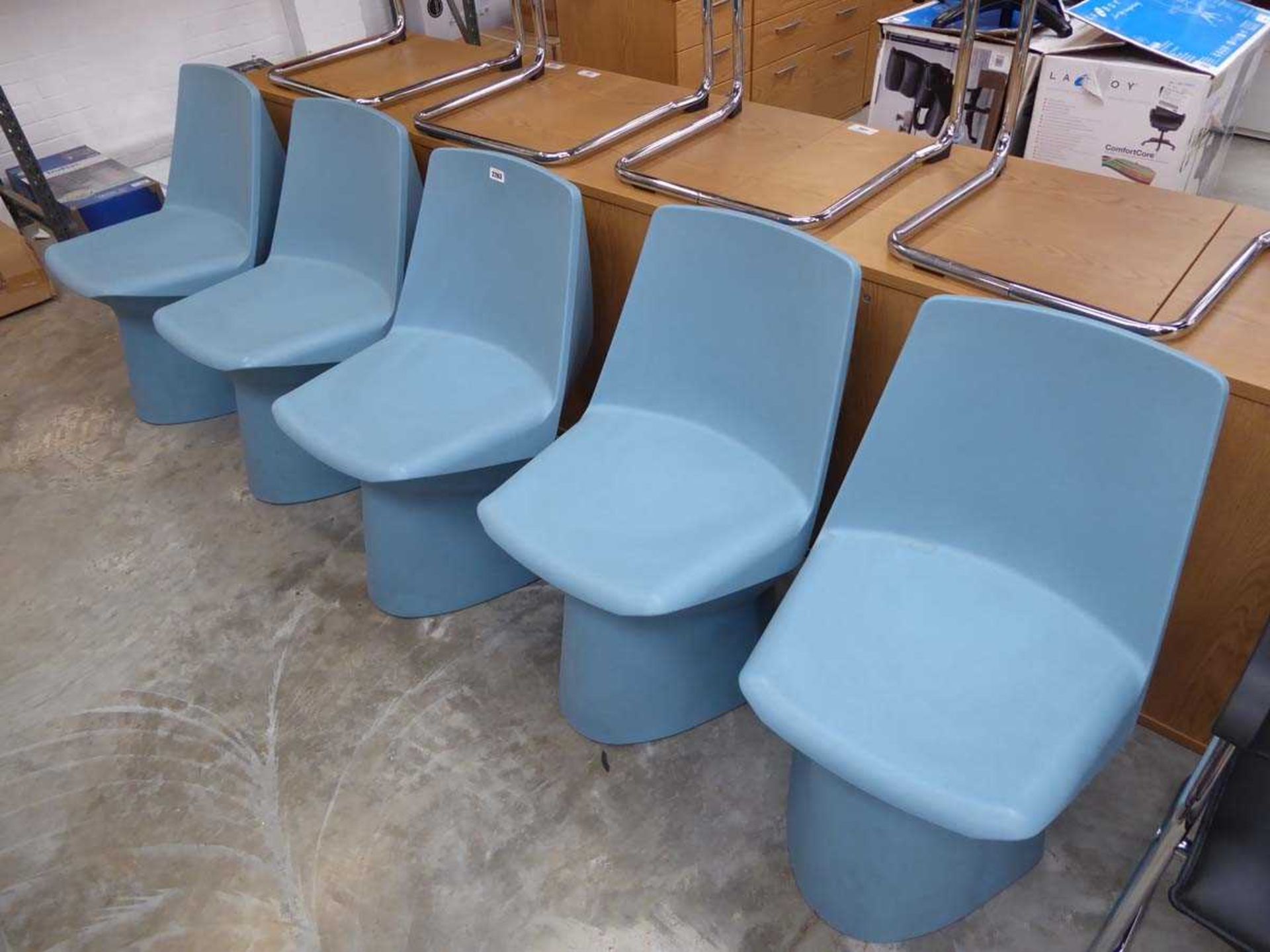 Set of 5 teal blue plastic commercial chairs
