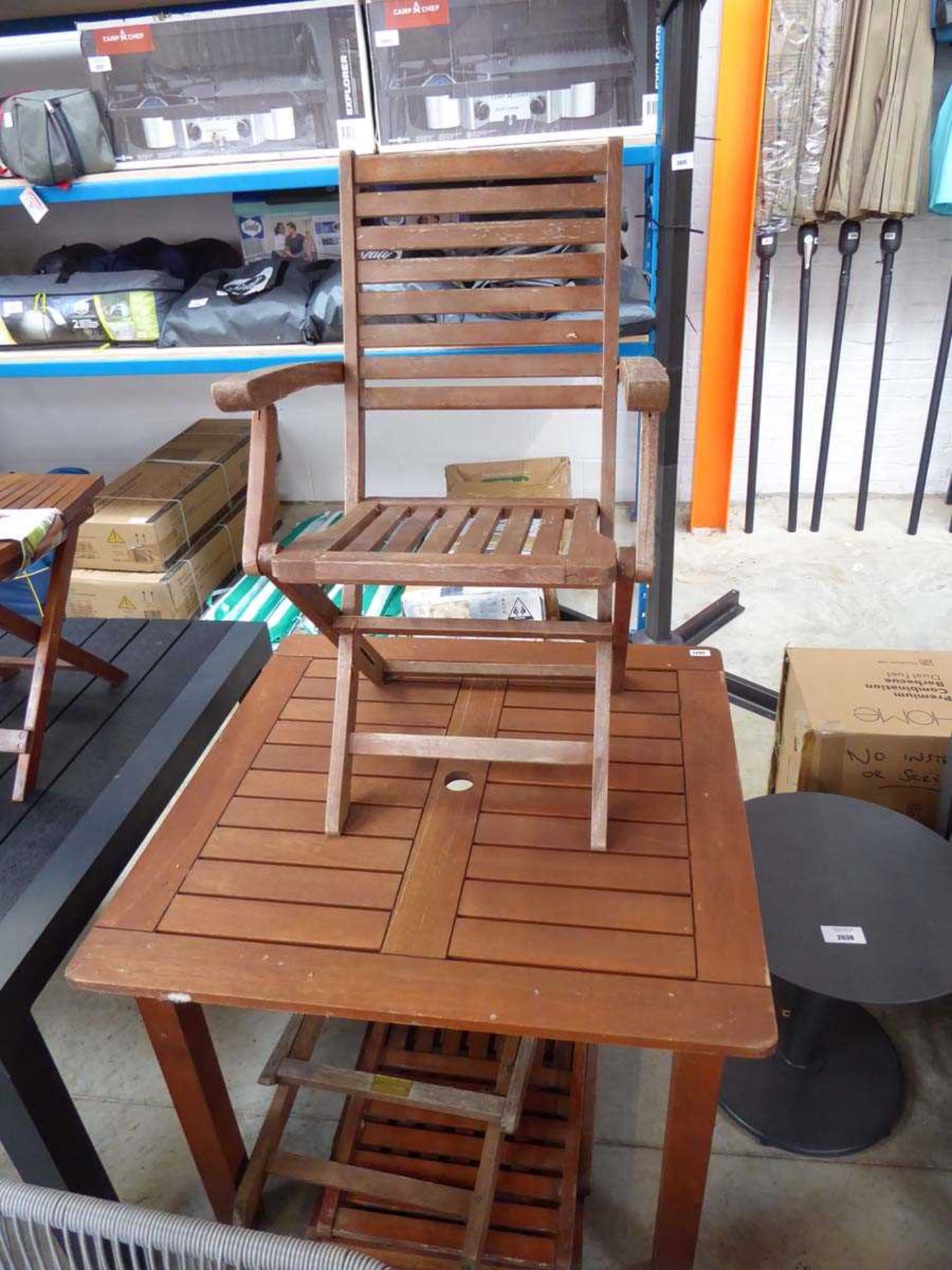 Teak square top garden table with 4 matching armchairs