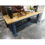 Blue painted rectangular dining table with pine surface