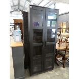 Dark grey modern double door display cabinet with glass interior shelving