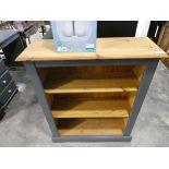 Grey painted and bare pine open fronted bookcase