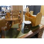 Childs bedroom furniture including pine crib, wooden rocking chair and matching stool