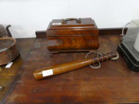 Mahogany caddy with key, together with a turned wooden truncheon